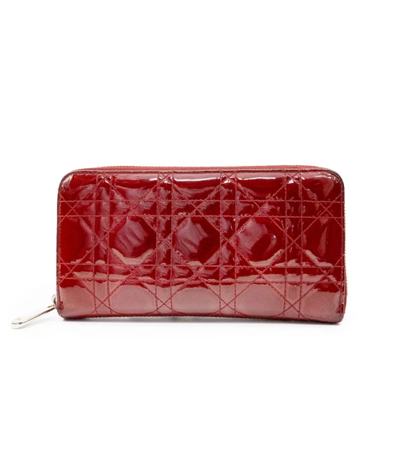 Dior Red Patent Leather Quilted Cannage Zip Around Wallet