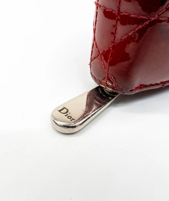 Dior Red Patent Leather Quilted Cannage Zip Around Wallet