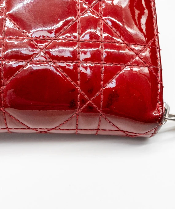 Dior Red Patent Leather Quilted Cannage Zip Around Wallet