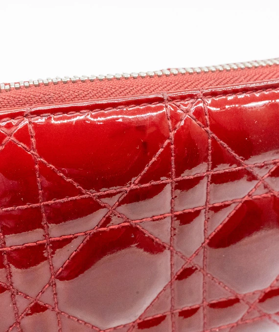 Dior Red Patent Leather Quilted Cannage Zip Around Wallet