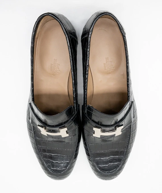 Hermes Size 42 Black Crocodile Leather Shoes