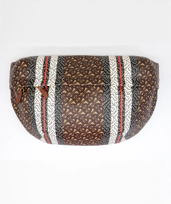 Burberry Brown/White TB Monogram Stripe Coated Canvas Extra Large Belt Bag