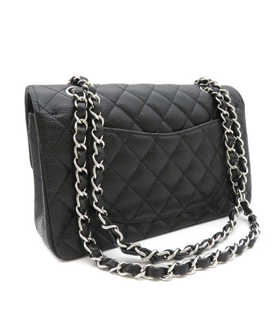 Chanel Black Double Flap Classic Small Caviar Leather Handbag with Silver Hardware