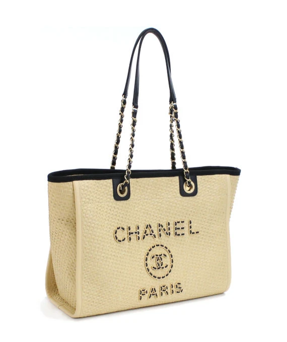 Chanel Deauville Beige Canvas Tote Bag in MM size with Gold Hardware