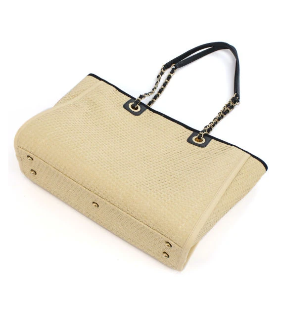 Chanel Deauville Beige Canvas Tote Bag in MM size with Gold Hardware