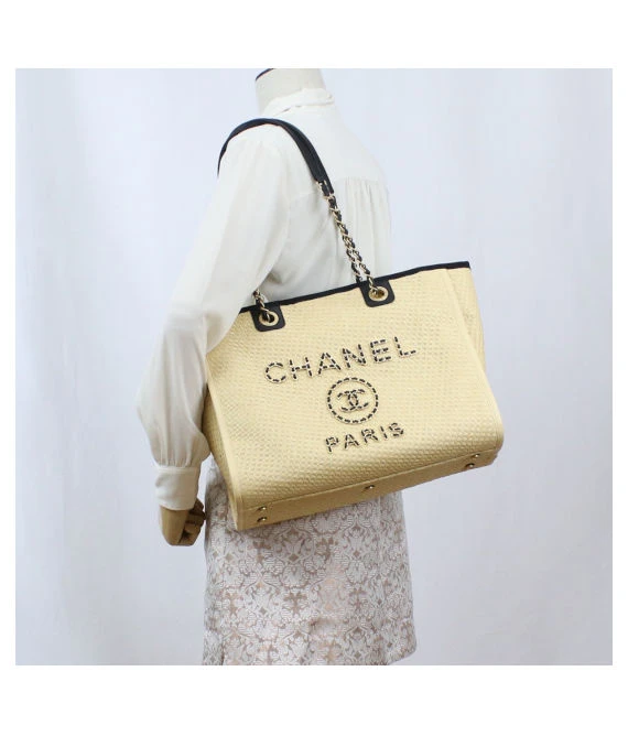 Chanel Deauville Beige Canvas Tote Bag in MM size with Gold Hardware