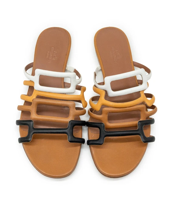 Hermes Size 37.5 Olympe sandals in Brown, Beige, Black and White Nappa Leather