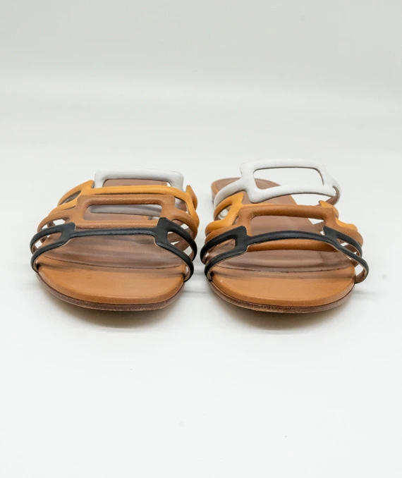Hermes Size 37.5 Olympe sandals in Brown, Beige, Black and White Nappa Leather