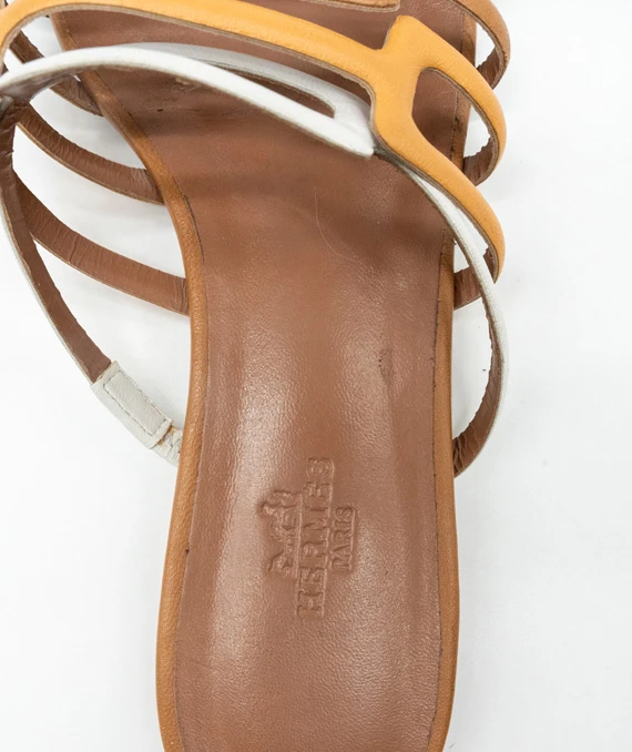 Hermes Size 37.5 Olympe sandals in Brown, Beige, Black and White Nappa Leather