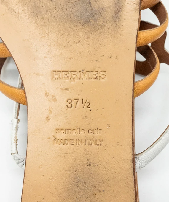 Hermes Size 37.5 Olympe sandals in Brown, Beige, Black and White Nappa Leather