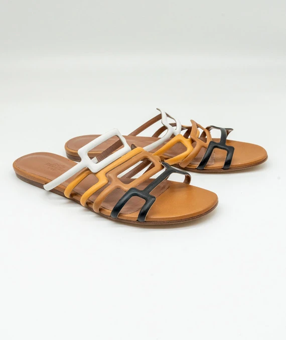 Hermes Size 37.5 Olympe sandals in Brown, Beige, Black and White Nappa Leather