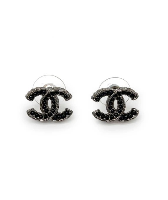 Chanel Black Pearl CC Earrings Silver Black