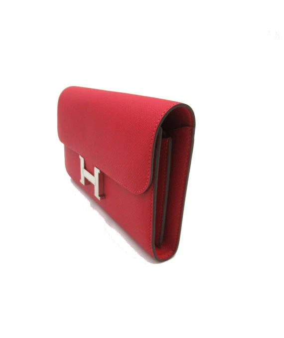 Hermes 2012 (Stamp P) Epsom Leather Constance Long Wallet in Rouge Casaque Color with Palladium Hardware
