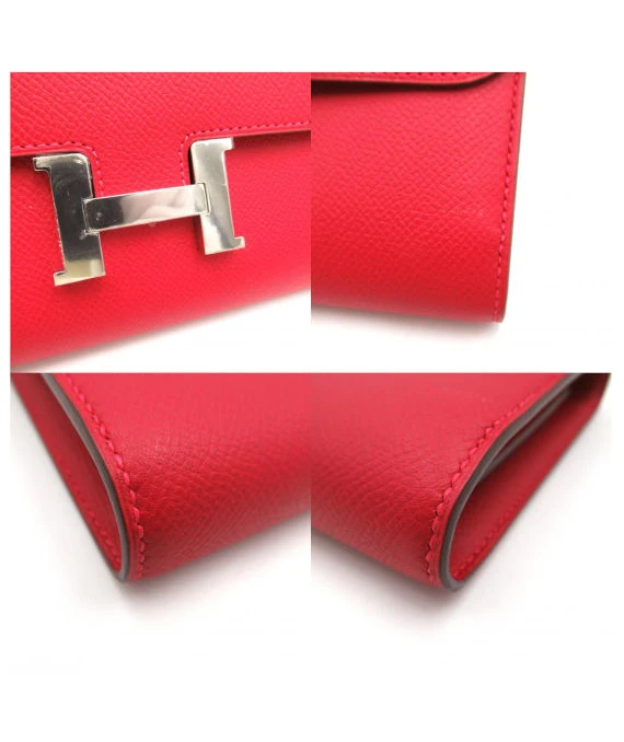 Hermes 2012 (Stamp P) Epsom Leather Constance Long Wallet in Rouge Casaque Color with Palladium Hardware