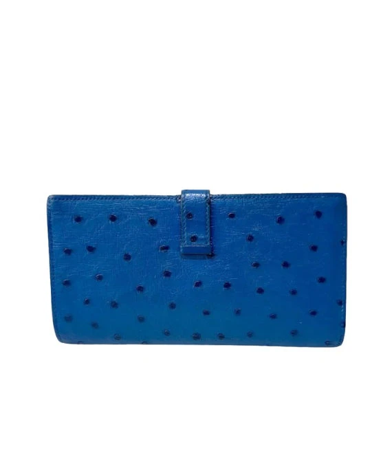 Hermes (Stamp P) Ostrich Leather Beanca Souffle Long Wallet in Blue Color with Palladium Hardware