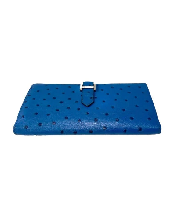 Hermes (Stamp P) Ostrich Leather Beanca Souffle Long Wallet in Blue Color with Palladium Hardware