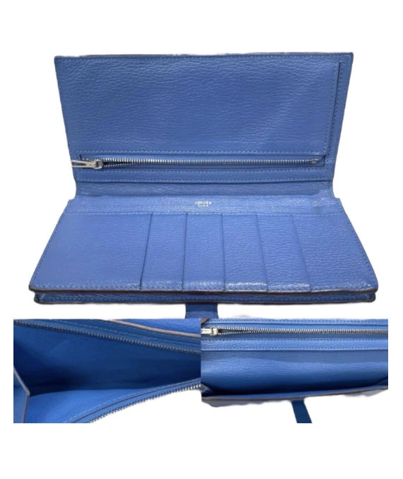 Hermes (Stamp P) Ostrich Leather Beanca Souffle Long Wallet in Blue Color with Palladium Hardware