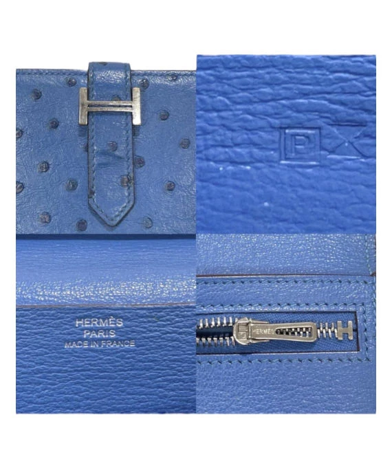Hermes (Stamp P) Ostrich Leather Beanca Souffle Long Wallet in Blue Color with Palladium Hardware