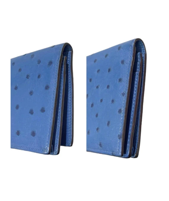 Hermes (Stamp P) Ostrich Leather Beanca Souffle Long Wallet in Blue Color with Palladium Hardware