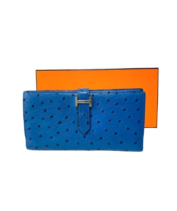 Hermes (Stamp P) Ostrich Leather Beanca Souffle Long Wallet in Blue Color with Palladium Hardware