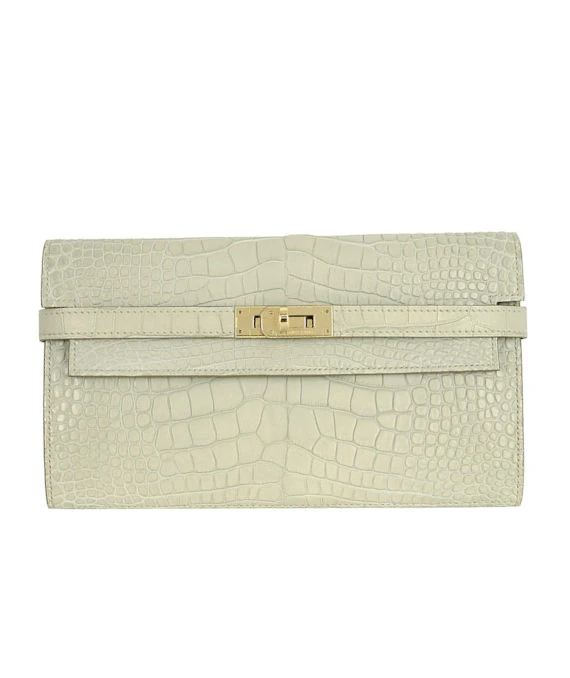 Hermes 2015 (Stamp T) Crocodile Leather Kelly Bi-fold Long Wallet in Matte Beton Color with Gold Hardware