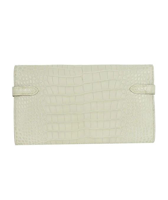 Hermes 2015 (Stamp T) Crocodile Leather Kelly Bi-fold Long Wallet in Matte Beton Color with Gold Hardware
