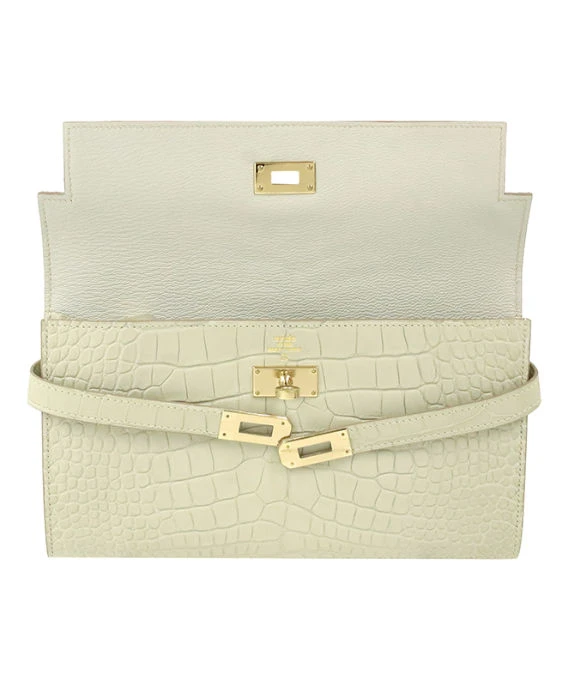 Hermes 2015 (Stamp T) Crocodile Leather Kelly Bi-fold Long Wallet in Matte Beton Color with Gold Hardware