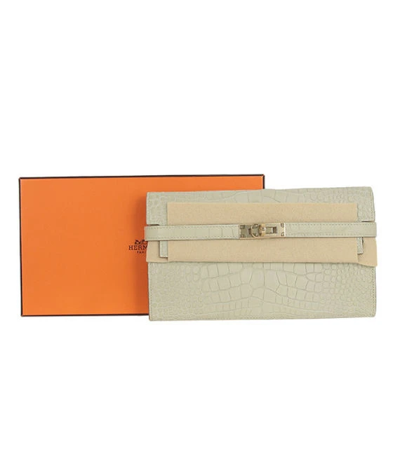 Hermes 2015 (Stamp T) Crocodile Leather Kelly Bi-fold Long Wallet in Matte Beton Color with Gold Hardware
