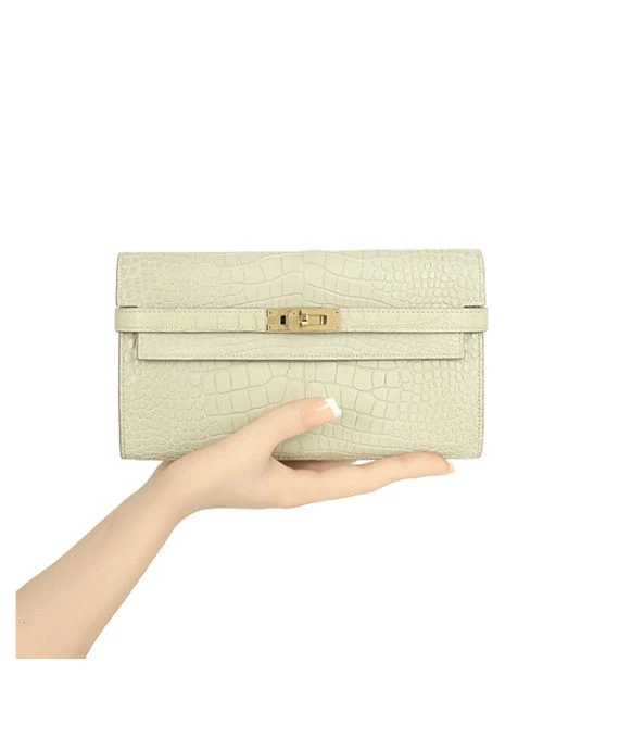 Hermes 2015 (Stamp T) Crocodile Leather Kelly Bi-fold Long Wallet in Matte Beton Color with Gold Hardware
