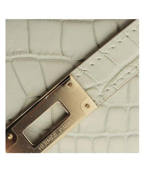 Hermes 2015 (Stamp T) Crocodile Leather Kelly Bi-fold Long Wallet in Matte Beton Color with Gold Hardware