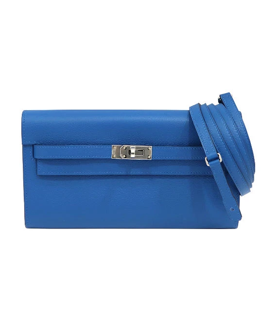 Hermes 2023 (Stamp B) Evercolor Leather Kelly To Go Long Wallet in Blue Color with Palladium Hardware