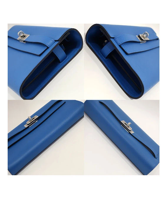 Hermes 2023 (Stamp B) Evercolor Leather Kelly To Go Long Wallet in Blue Color with Palladium Hardware