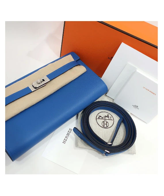 Hermes 2023 (Stamp B) Evercolor Leather Kelly To Go Long Wallet in Blue Color with Palladium Hardware