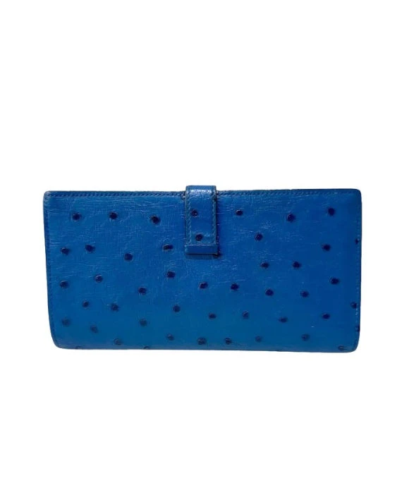 Hermes (Stamp P) Ostrich Leather Beanca Souffle Long Wallet in Blue Color with Palladium Hardware