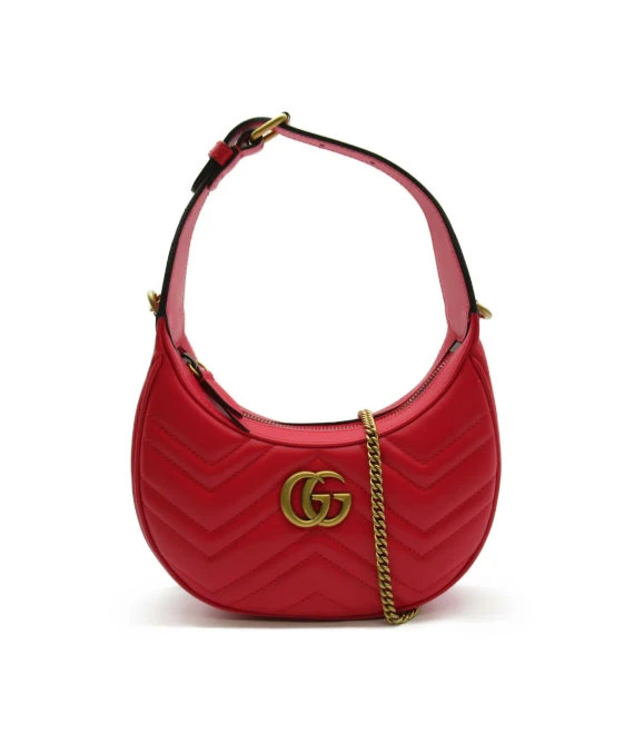 Gucci Red Matelassé Leather Mini GG Marmont Half Moon Shoulder Bag