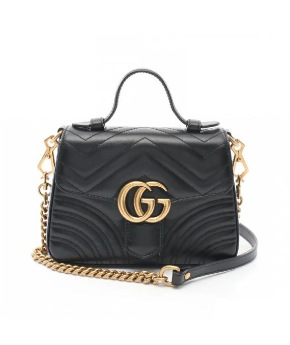 Gucci Black Matelassé Leather Mini GG Marmont Top Handle Bag