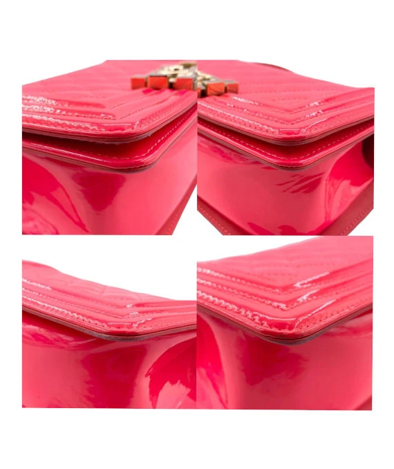 Chanel Neon Pink Small Boy Bag in Patent Leather with Gold Hardware
