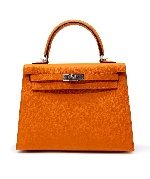Hermes Kelly (Stamp B) Size 25 Orange Epsom Leather Handbag with Palladium Hardware