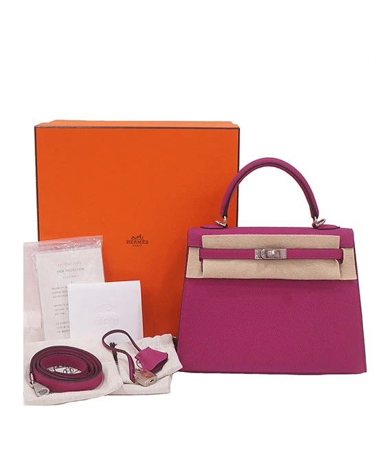 Hermes Kelly Size 25 Rose Purple Handbag in Togo Leather with Outside Stitching and Palladium hardware