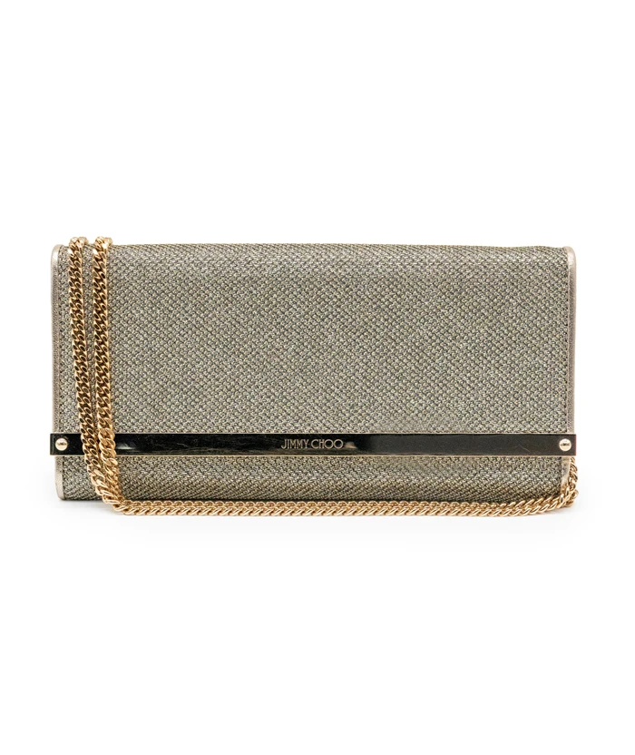 Jimmy Choo Champagne Glitter Fabric Milla Wallet on Chain