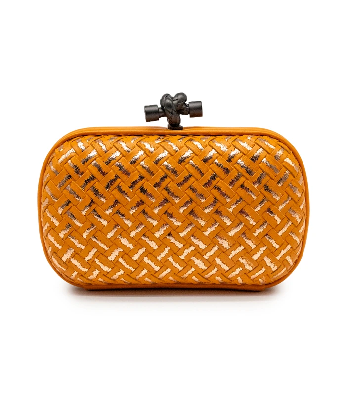 Bottega Veneta Orange / Silver Intreccio Impero Leather Knot Clutch Bag