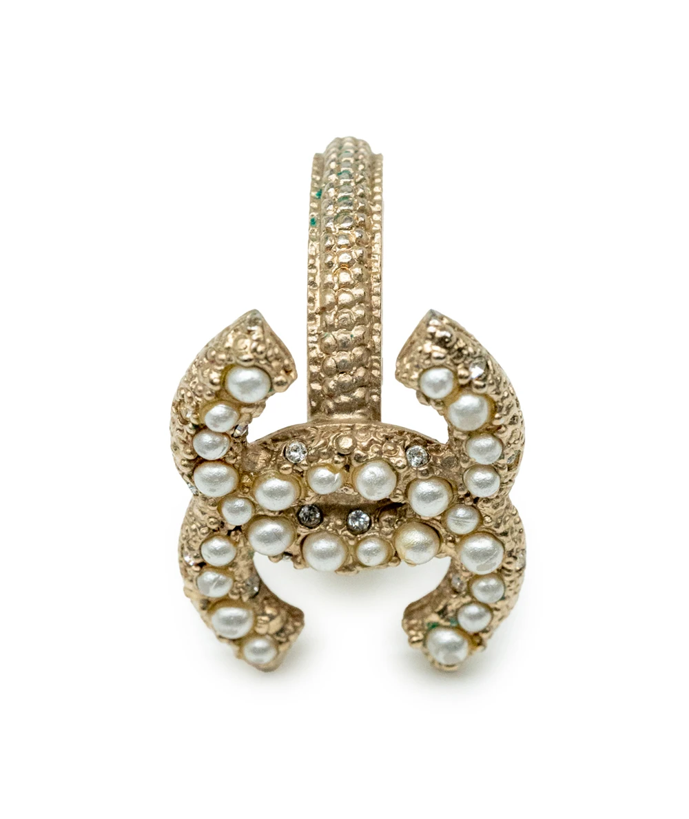 Chanel CC Pale Gold Plated Crystal and Faux Pearl Embedded Ring