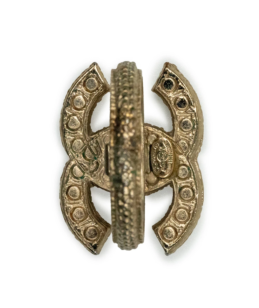 Chanel CC Pale Gold Plated Crystal and Faux Pearl Embedded Ring