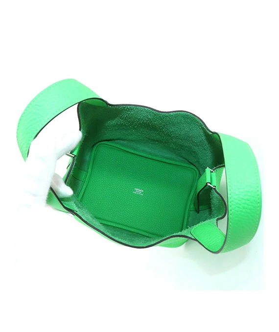 Hermes 2022 Picotan Lock PM Clemence Leather Hand Bag in Veil Comic Green with Palladium Hardware