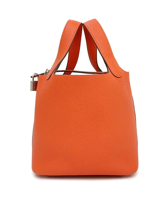 HERMES 2022 Picotan Lock 18 PM Clemence Leather Hand Bag in Feu Orange with Palladium Hardware