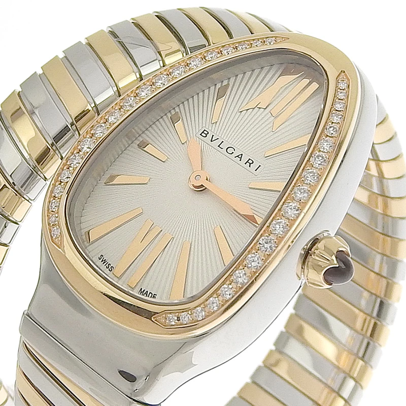 Bvlgari Serpenti Tubogas Single Spiral White Diamond Dial Stainless Steel/Rose Gold Women's Watch