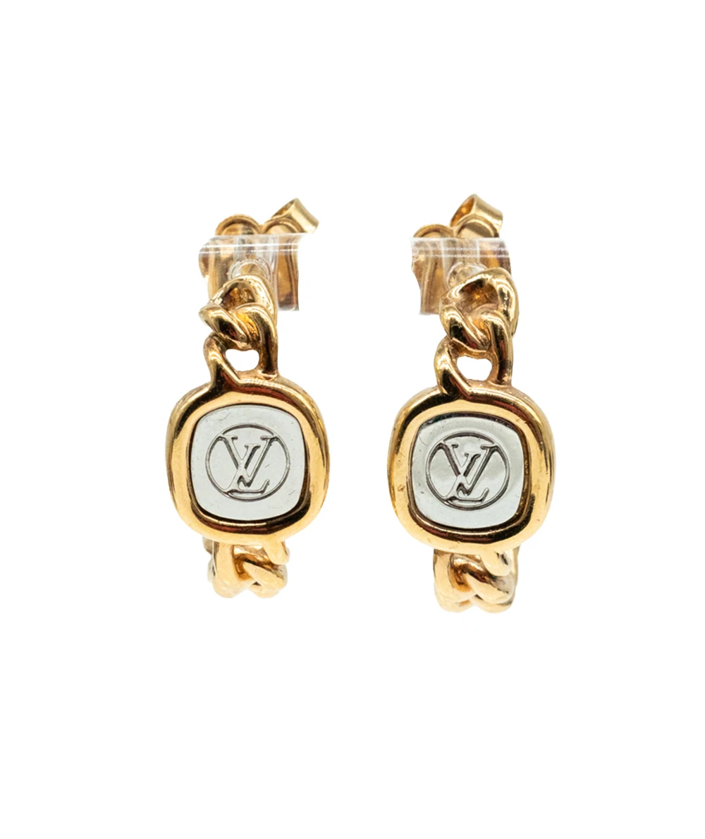 Louis Vuitton ID Chain Gold Plated Hoop Earrings with LV Monogram Logo in Silver