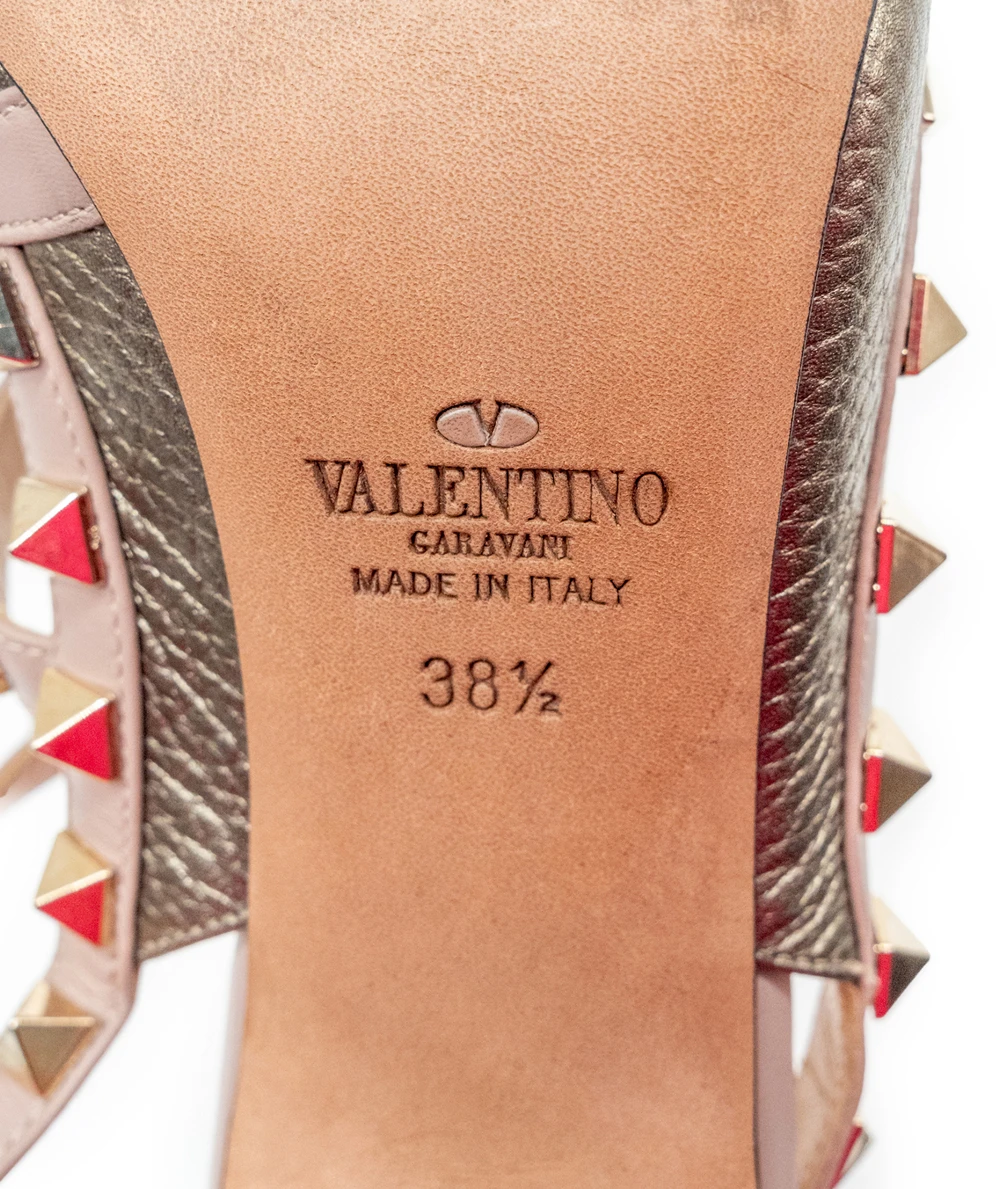 Valentino Size 38.5 Gold Leather Rockstud Ankle Strap Sandals