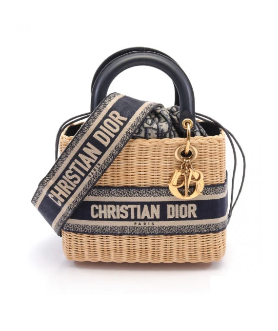 Dior Navy Blue Wicker Oblique Medium Lady Dior Handbag