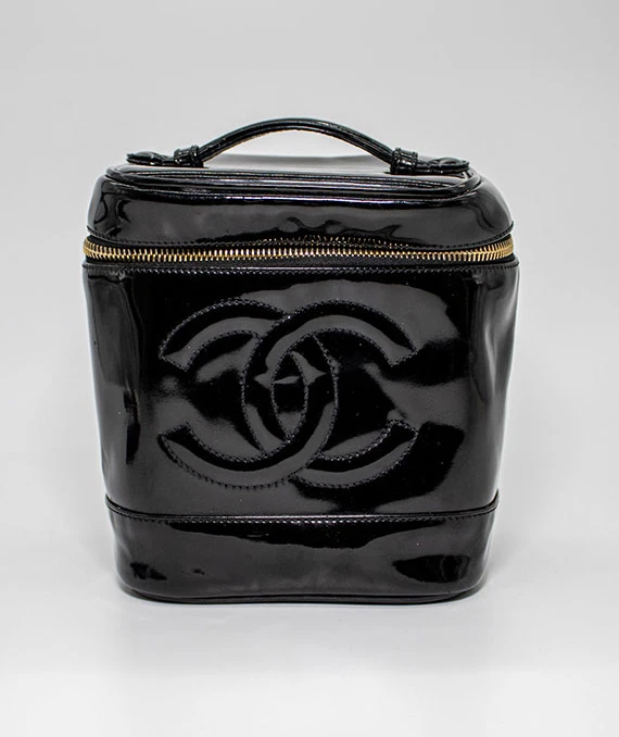 Chanel Black Vintage Vanity Case in Patent Leather with Gold Hardware